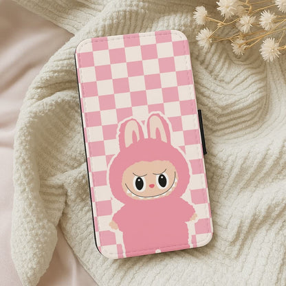 Checkered Cute Pink Monster  Leather Phone Case