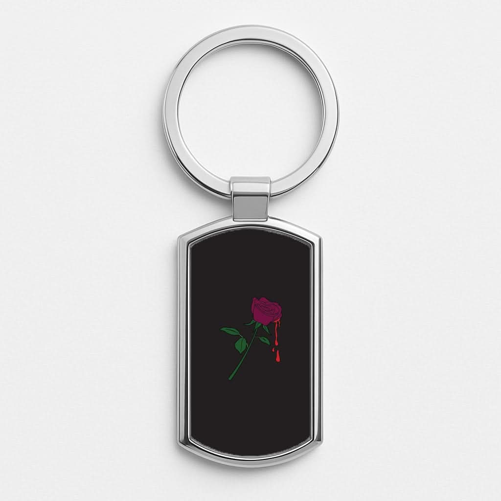 Dark Pink Rose Silver Metal Keyring