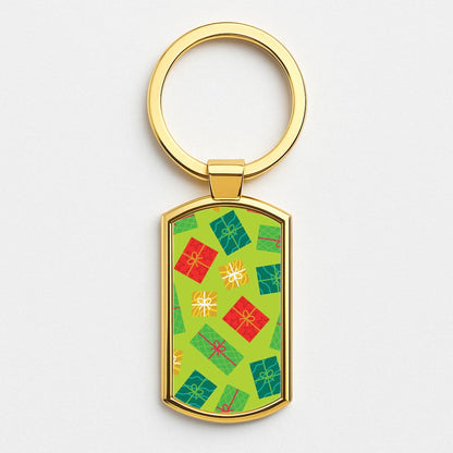 Colourful Abstract Christmas Presents Pattern Gold Keyring