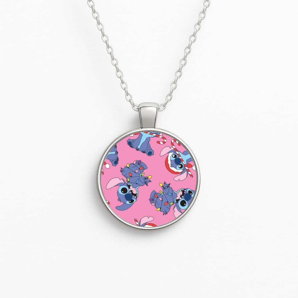 Christmas Cute Blue Alien Pattern Circle Necklace