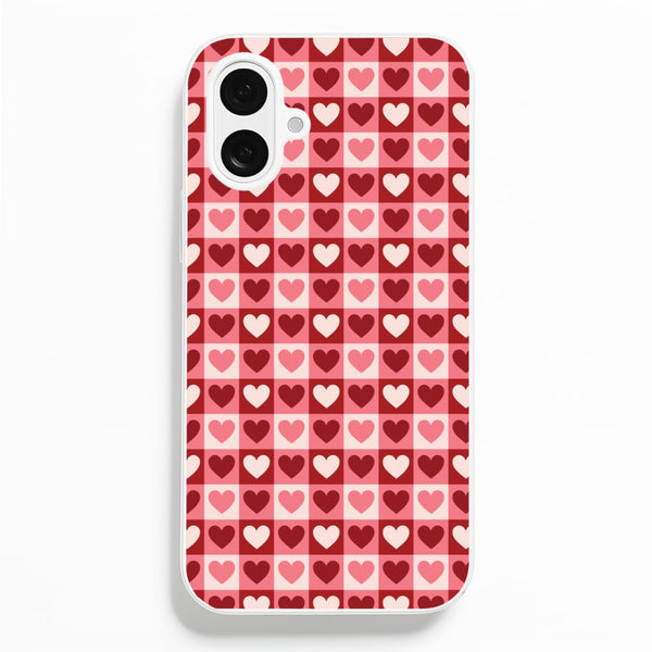 Pink Tartan Love Hearts Pattern iPhone 16 Plus Case