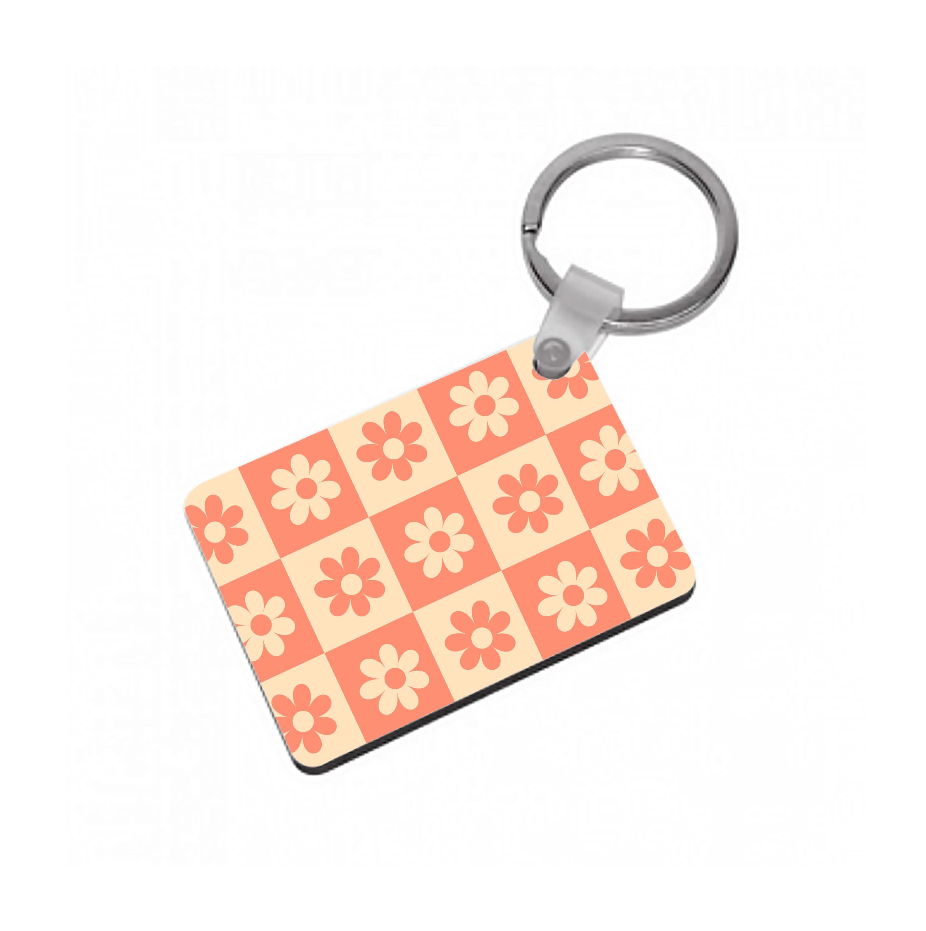 Checkered Flowers Orange Keyring