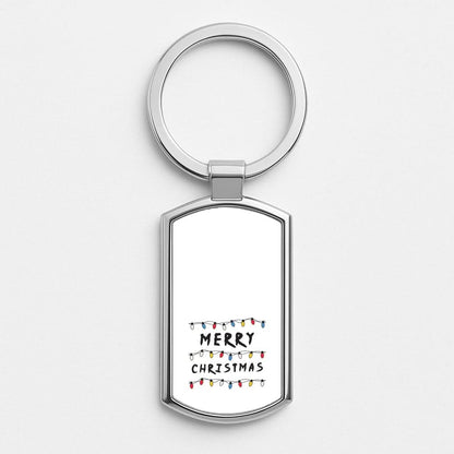 Merry Christmas String Lights Silver Metal Keyring