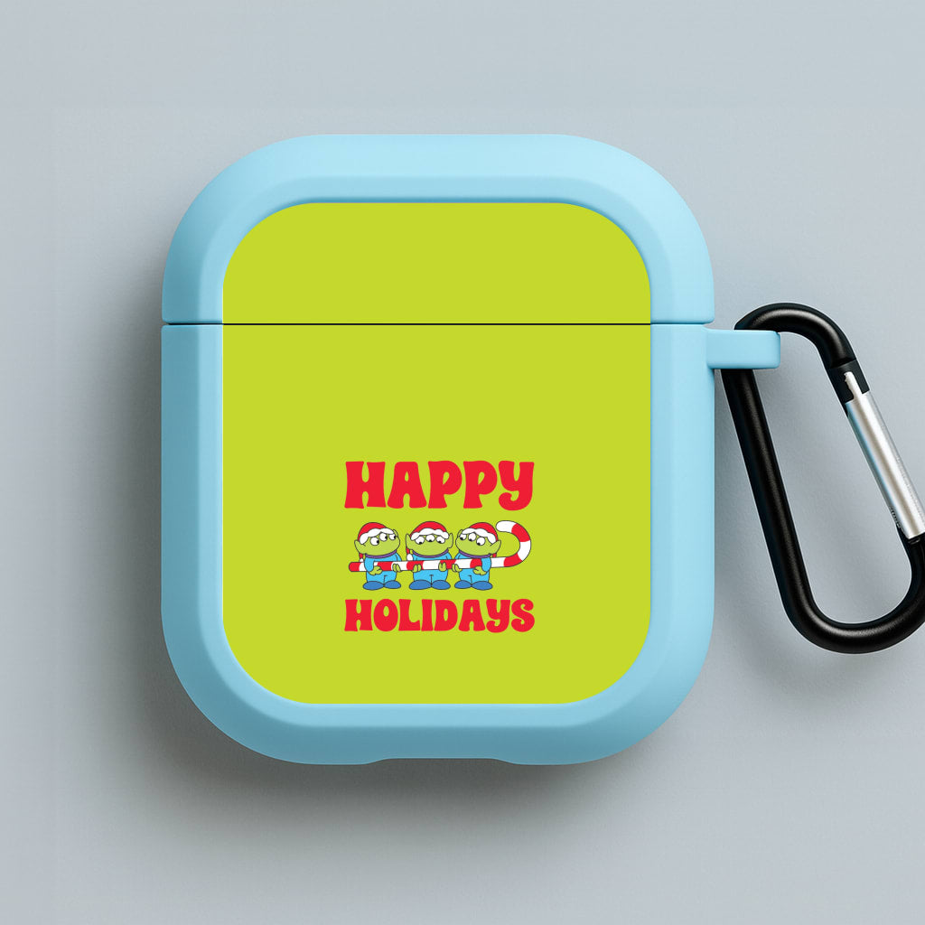 Happy Holidays Cute Green Aliens Blue AirPods Case