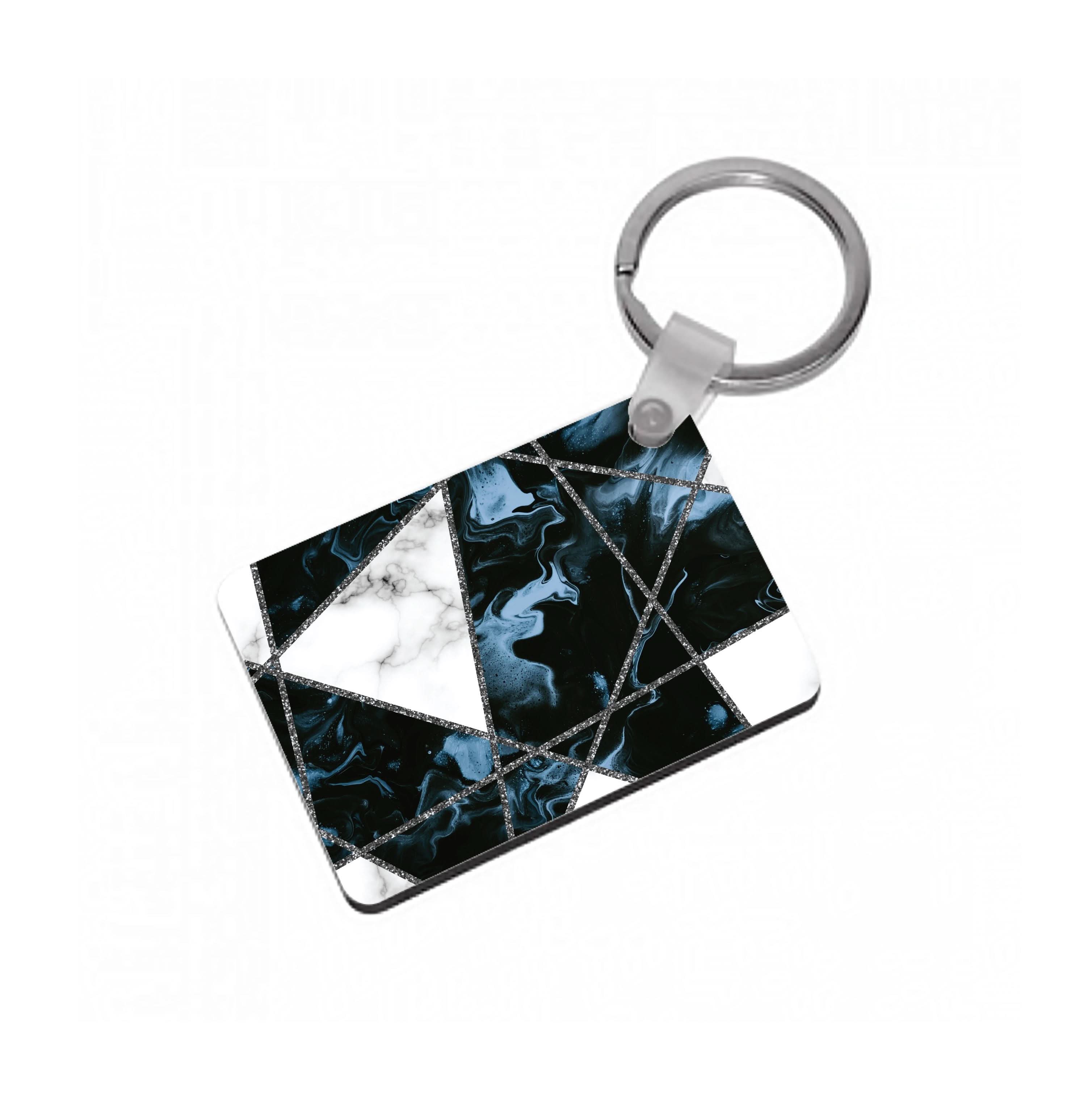 Dark Blue Marble And Silver Collage Keyring