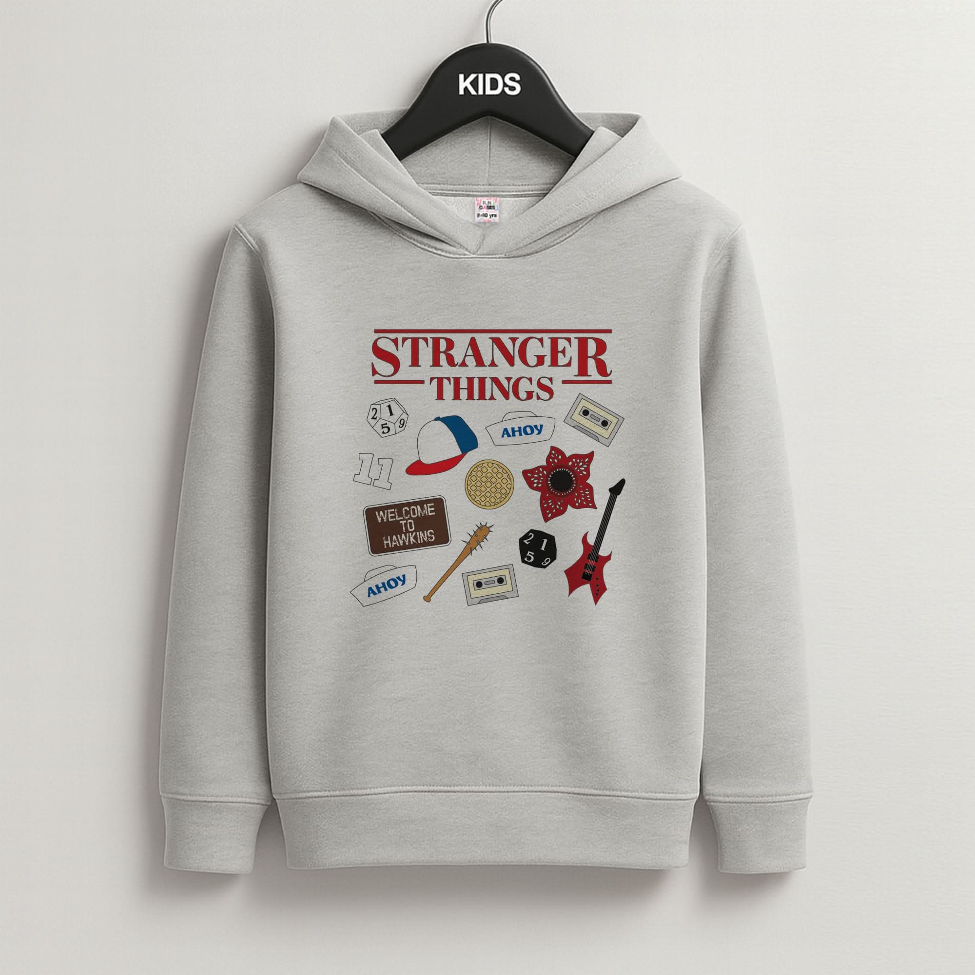 Stranger Things Cartoon Icons Grey Kids Hoodie