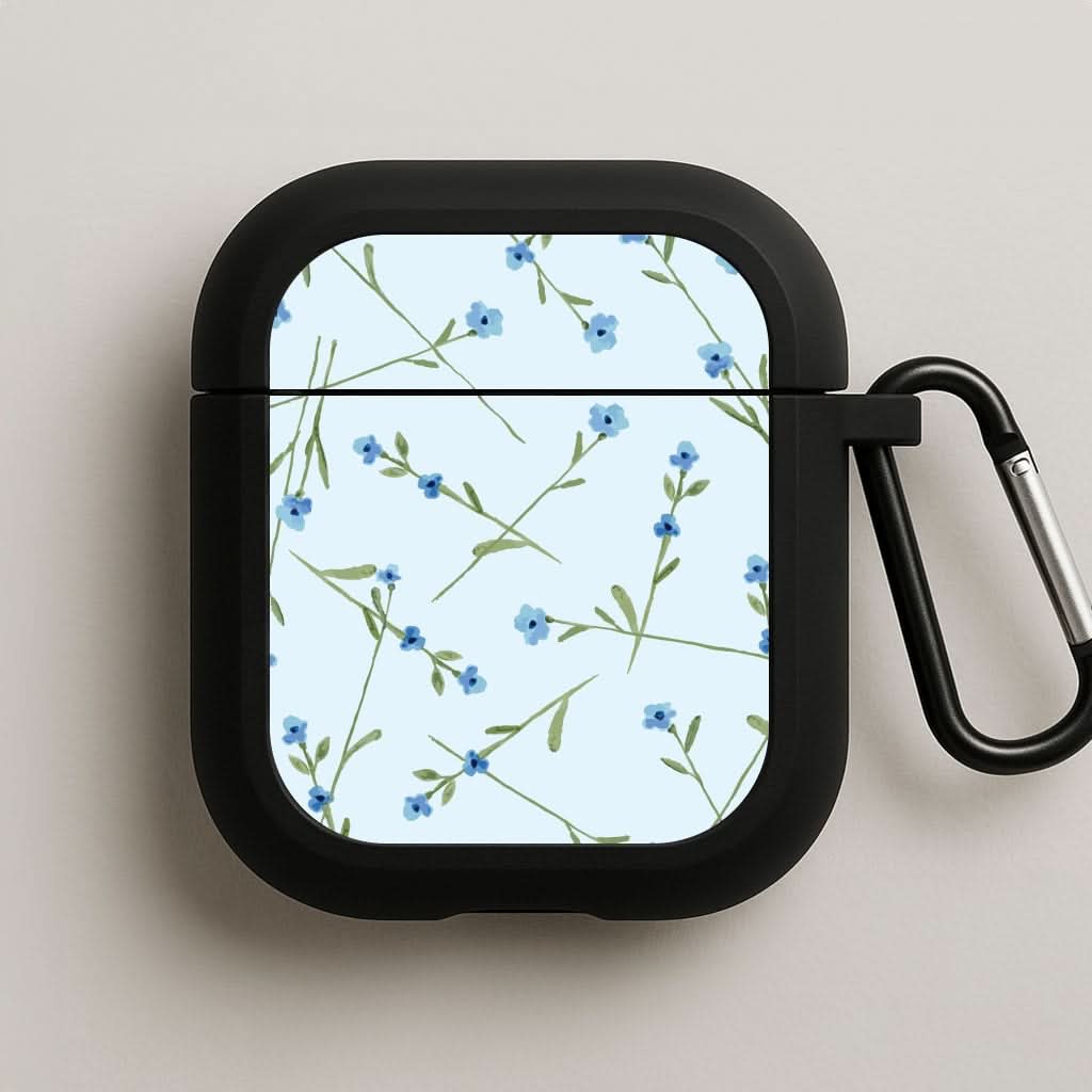 Baby Blue Floral Pattern Black AirPods Case