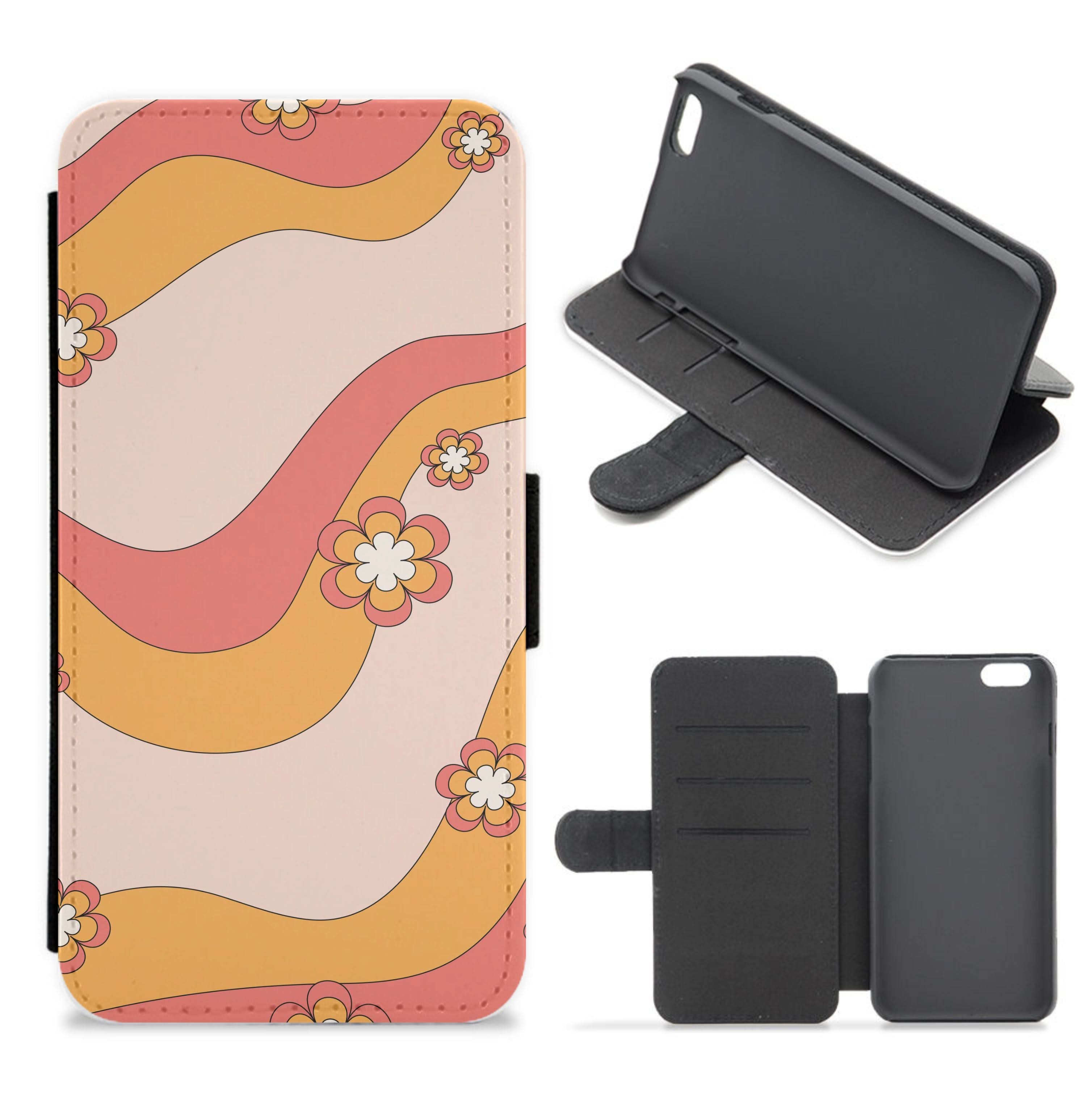 Waves And Flowers Orange Retro Pattern Flip / Wallet Phone Case