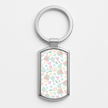 Neon Christmas Icons Pattern II Silver Metal Keyring