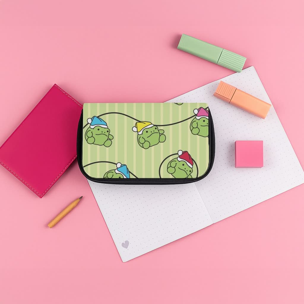 Christmas Frog Plush Fairylights Pattern Pencil Case