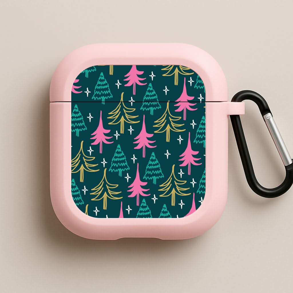 Colourful Sketched Christmas Trees Pattern Pink AirPods Case