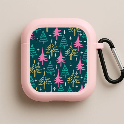 Colourful Sketched Christmas Trees Pattern Pink AirPods Case