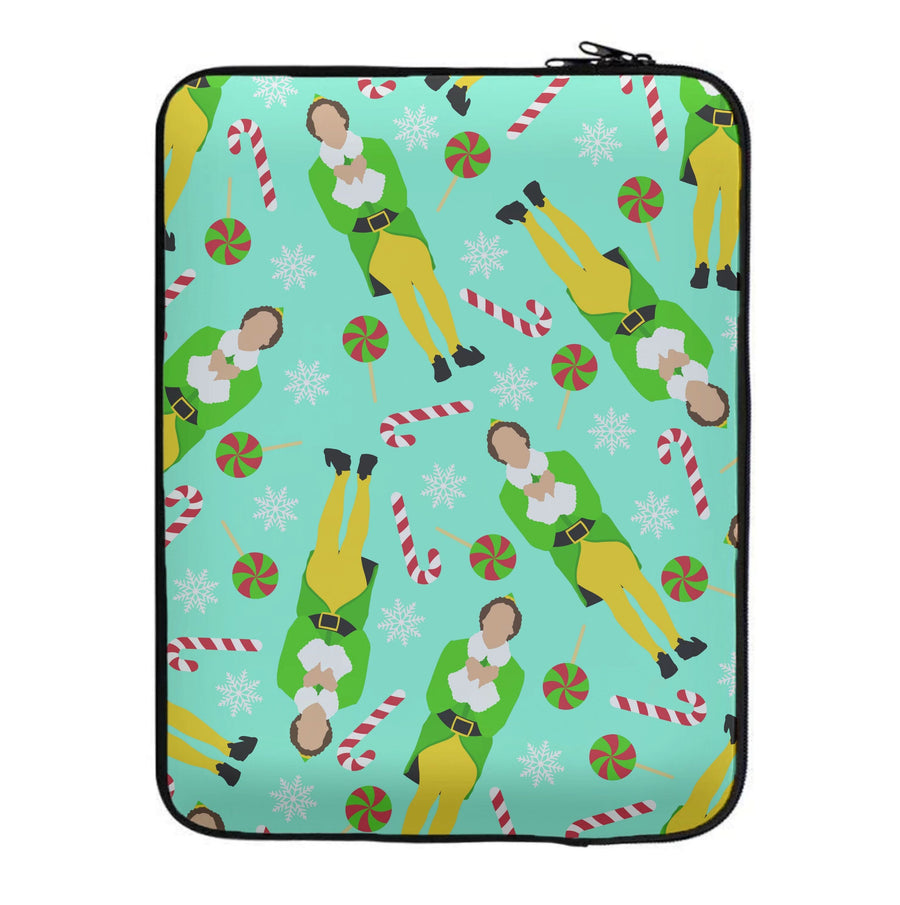 Elf Candy Cane Pattern Blue Laptop Sleeve