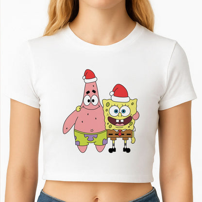 Cartoon Sponge And Starfish Christmas Hats Crop Top