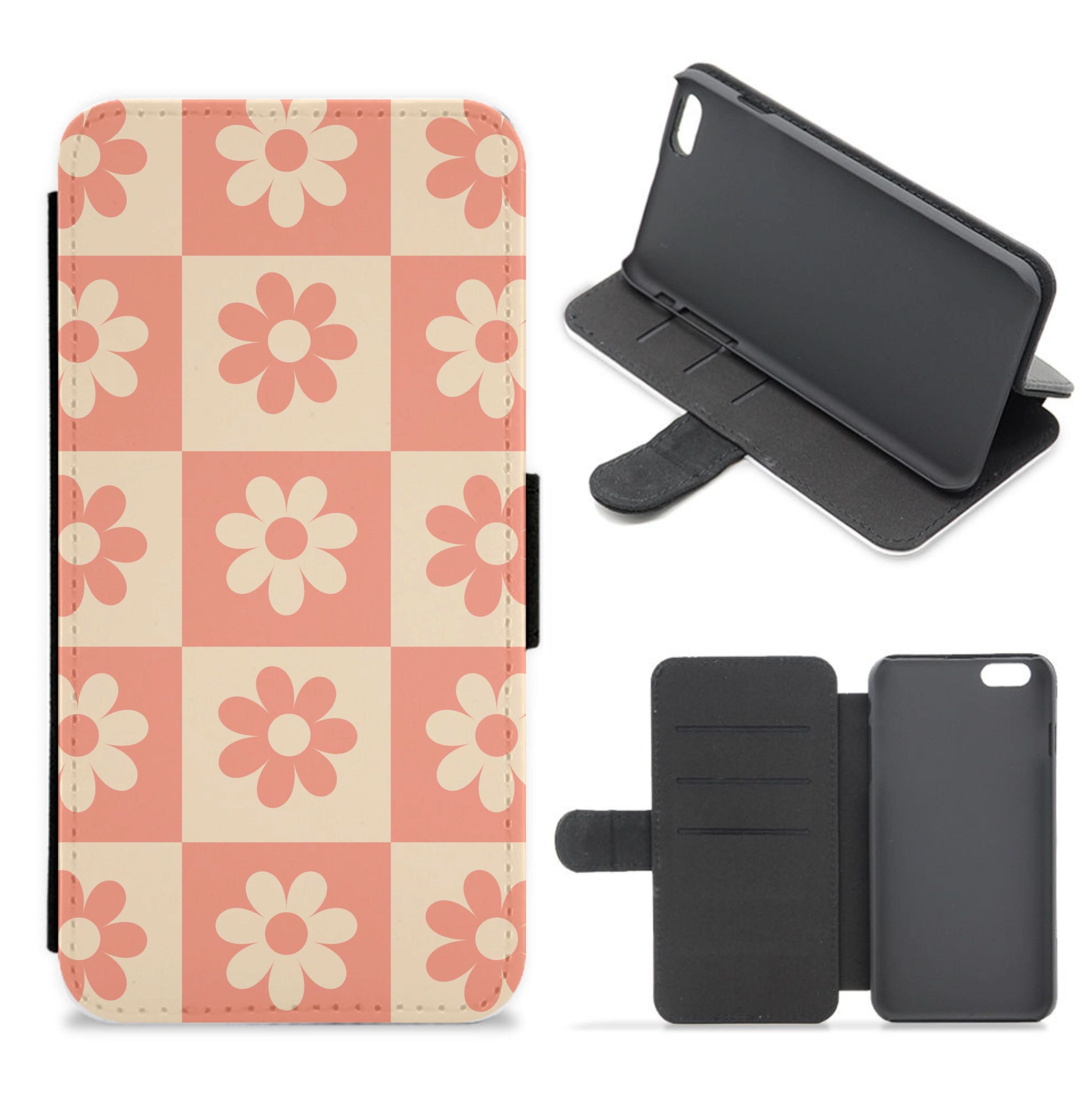 Checkered Flowers Orange Flip / Wallet Phone Case