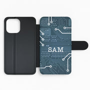 Blue Circuit Board Personalised Name Flip / Wallet Phone Case 2