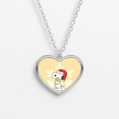 Christmas Cartoon Beagle And Bird  Heart Necklace