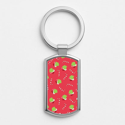 Green Creature And Candy Canes Pattern Silver Metal Keyring