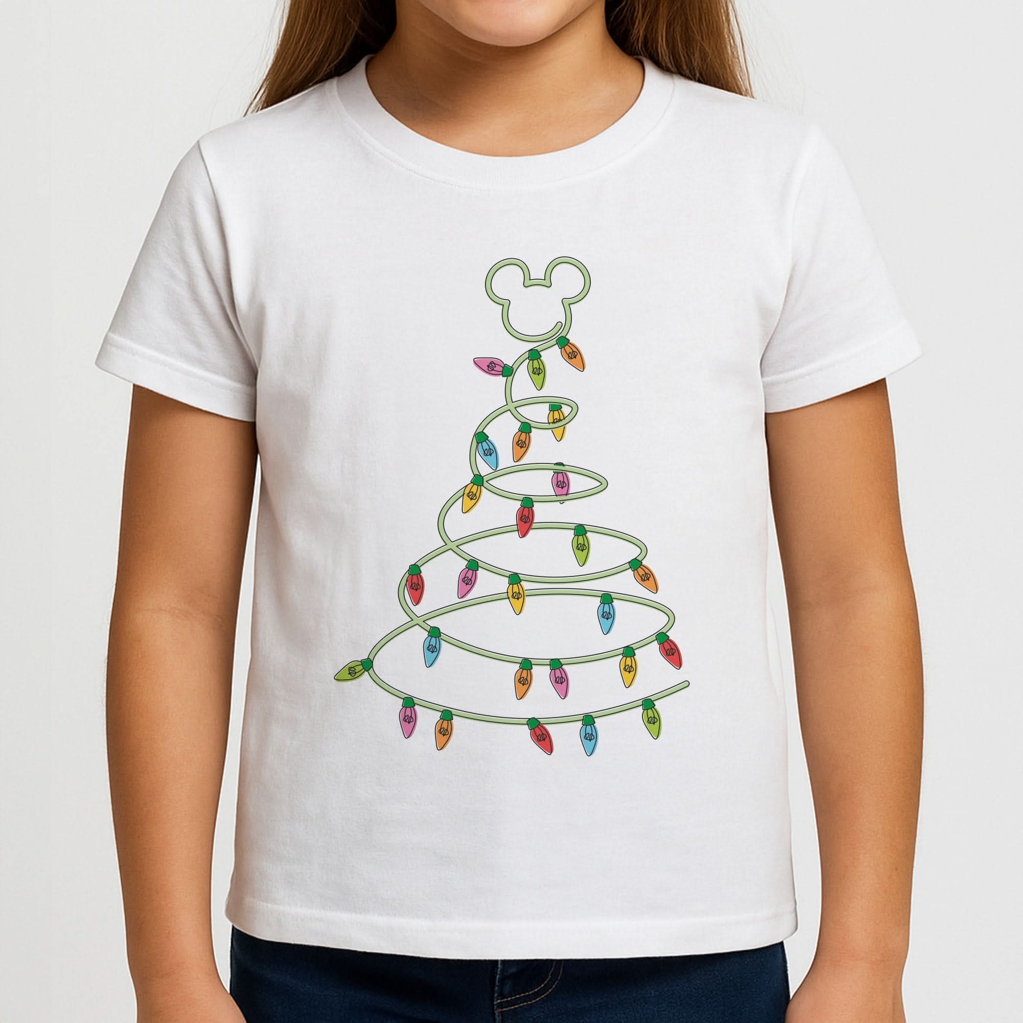 Cartoon Mouse Christmas Tree Lights Girls T-Shirt