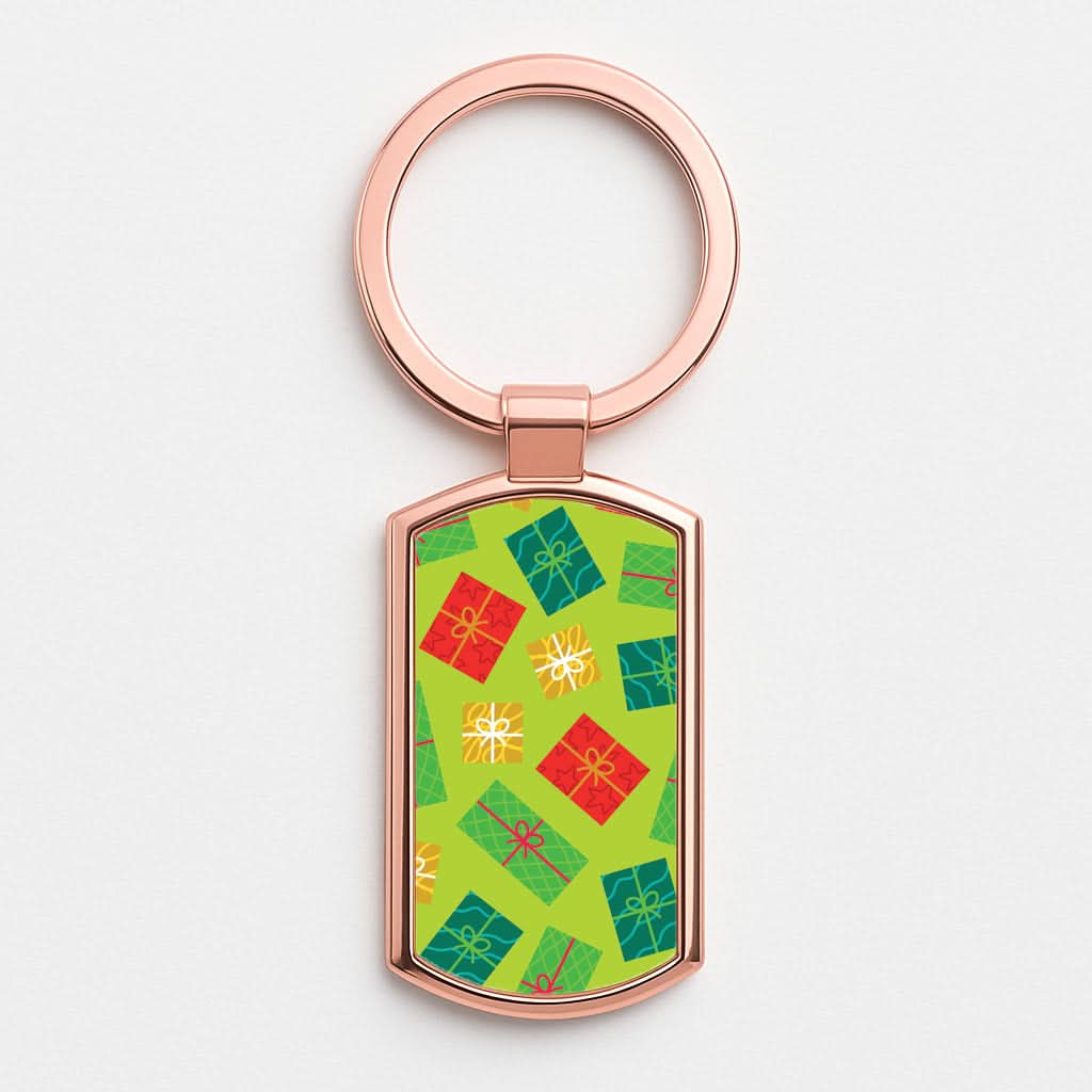 Colourful Abstract Christmas Presents Pattern Rose Gold Keyring