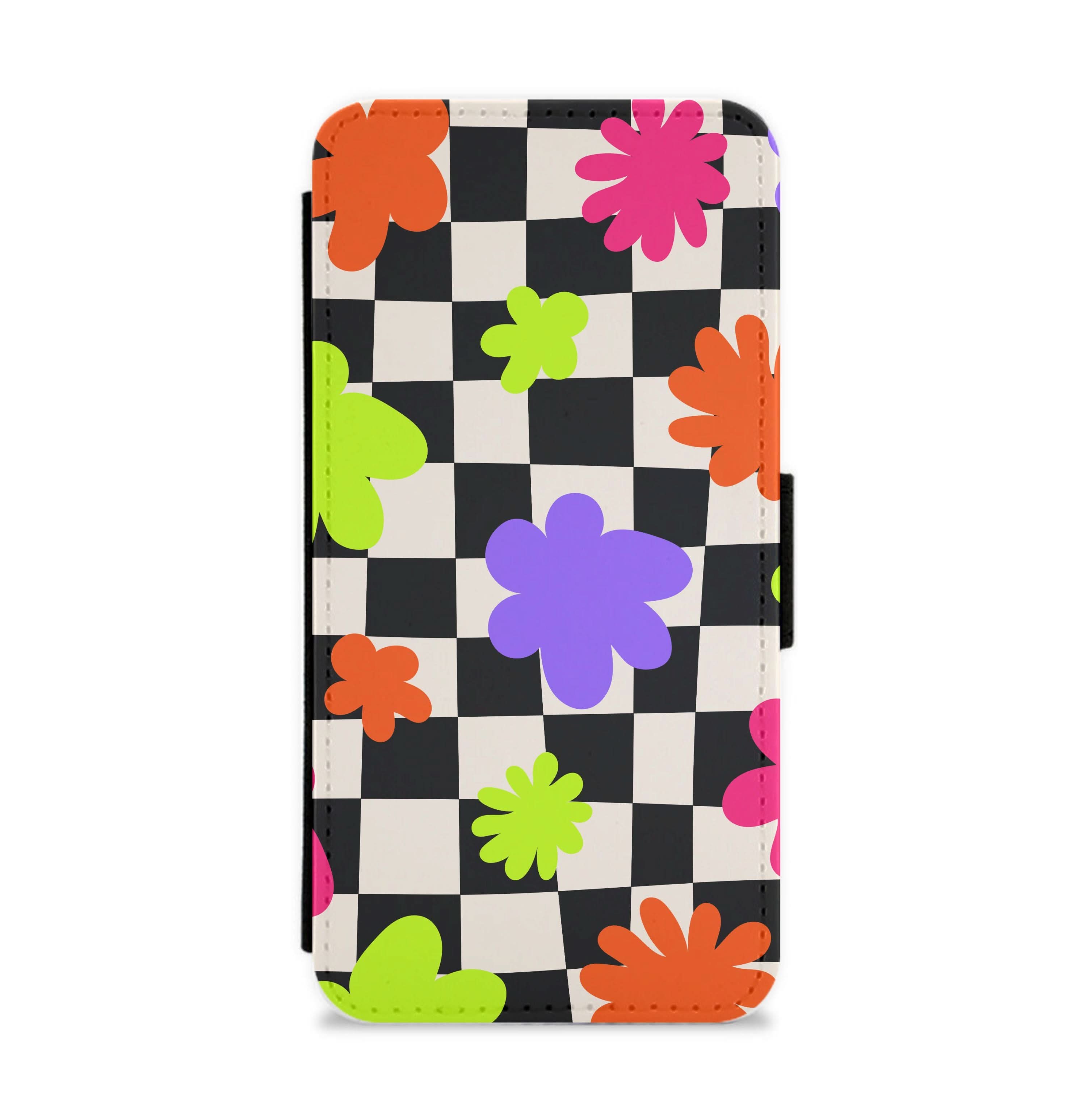Abstract Flowers Checkered Pattern Flip / Wallet Phone Case