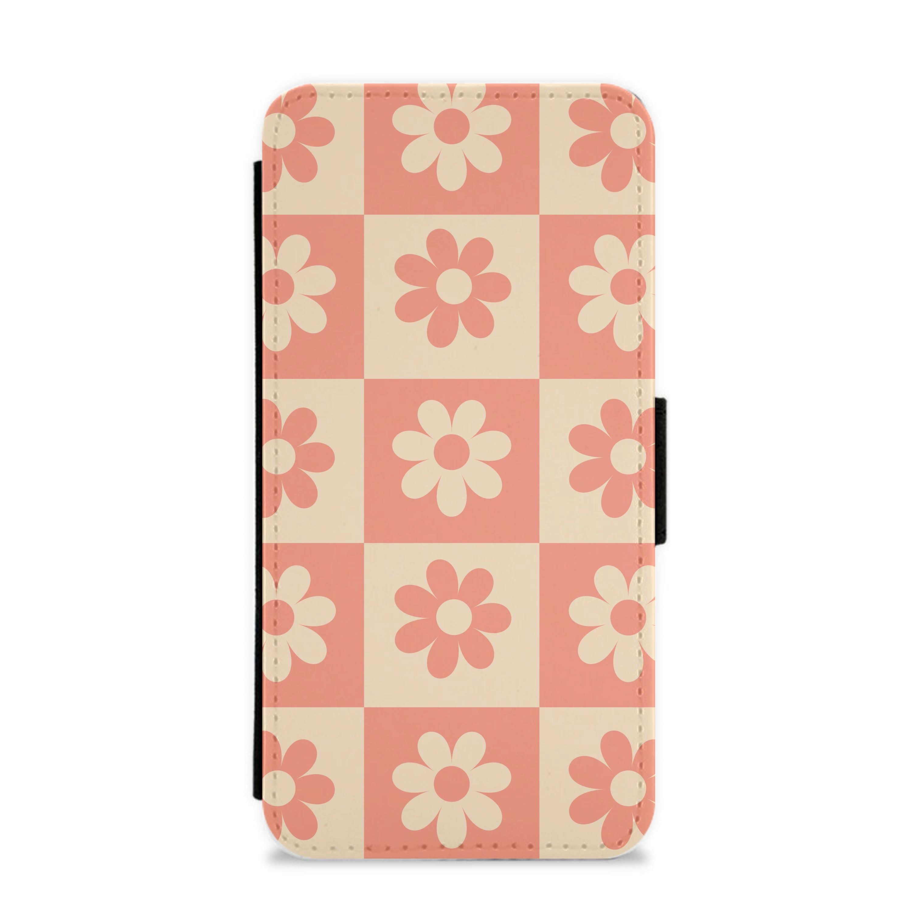 Checkered Flowers Orange Flip / Wallet Phone Case