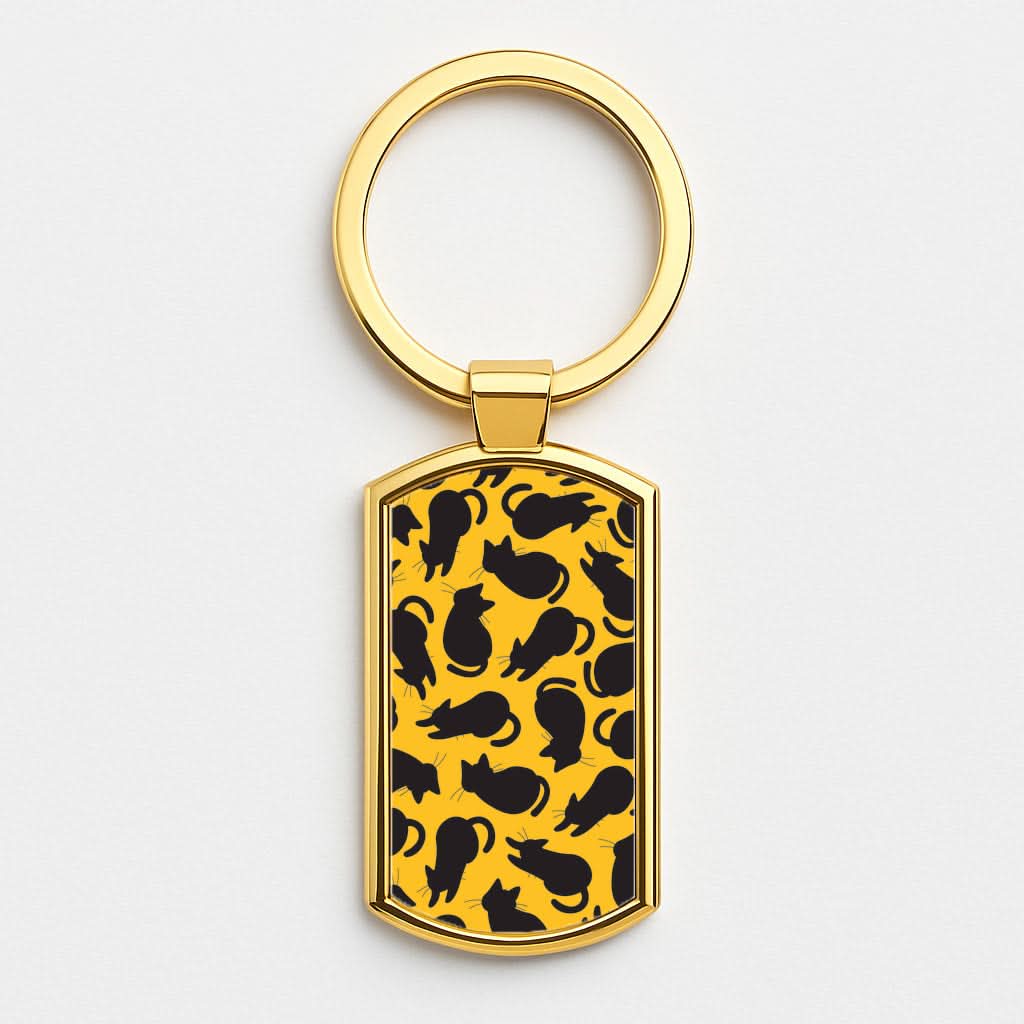 Black Cat Silhouettes Pattern Gold Keyring