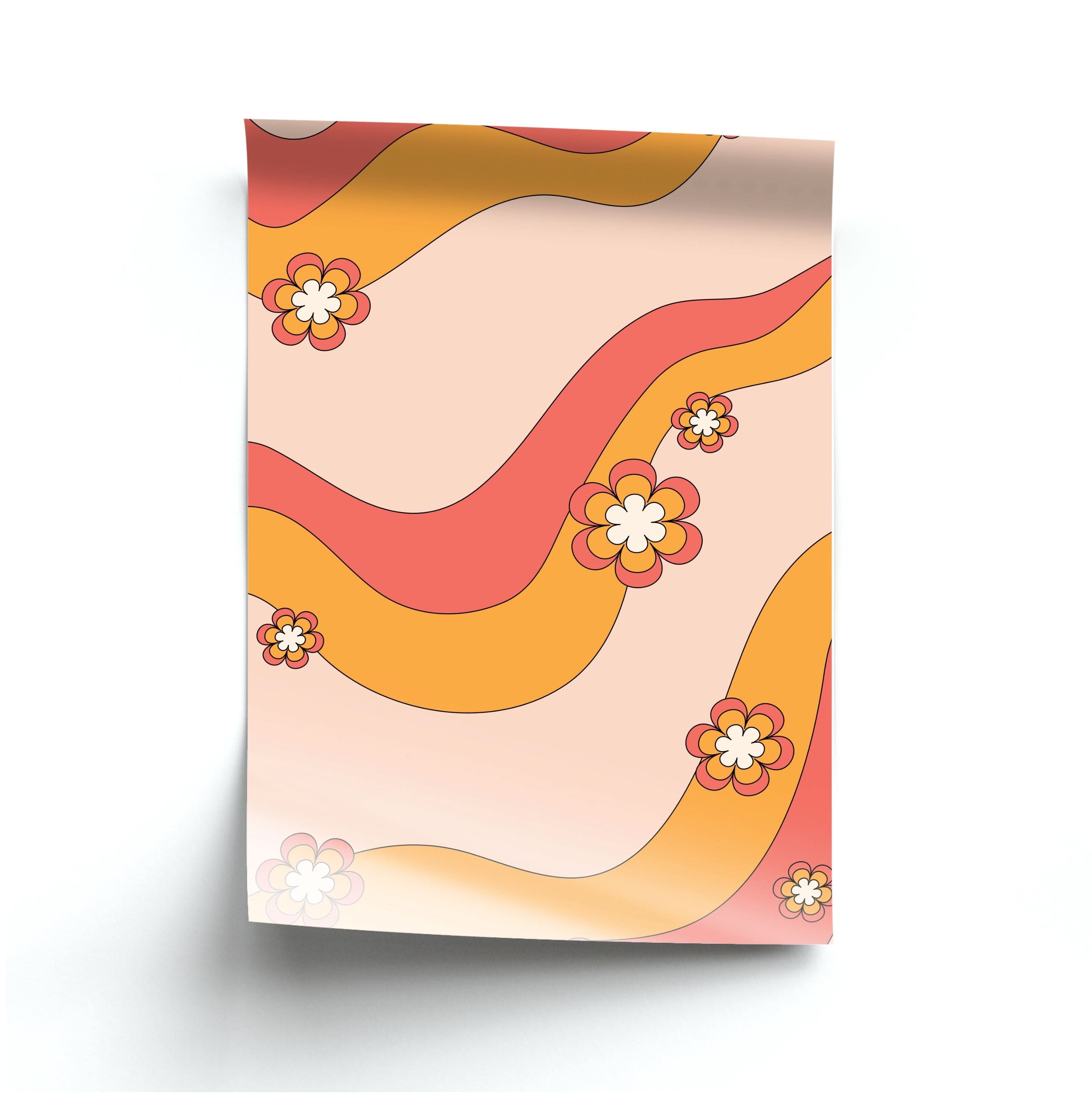 Waves And Flowers Orange Retro Pattern Poster