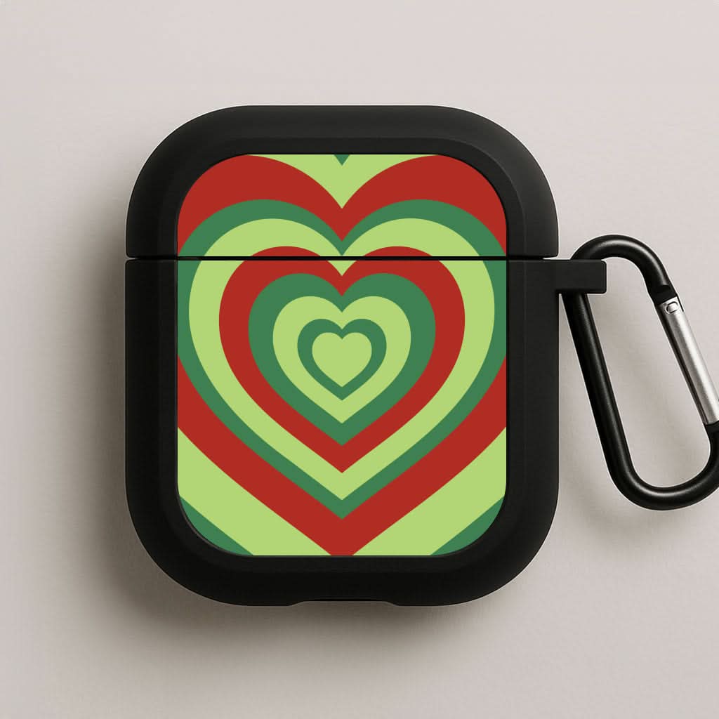 Red And Green Trippy Heart Christmas Pattern Black AirPods Case