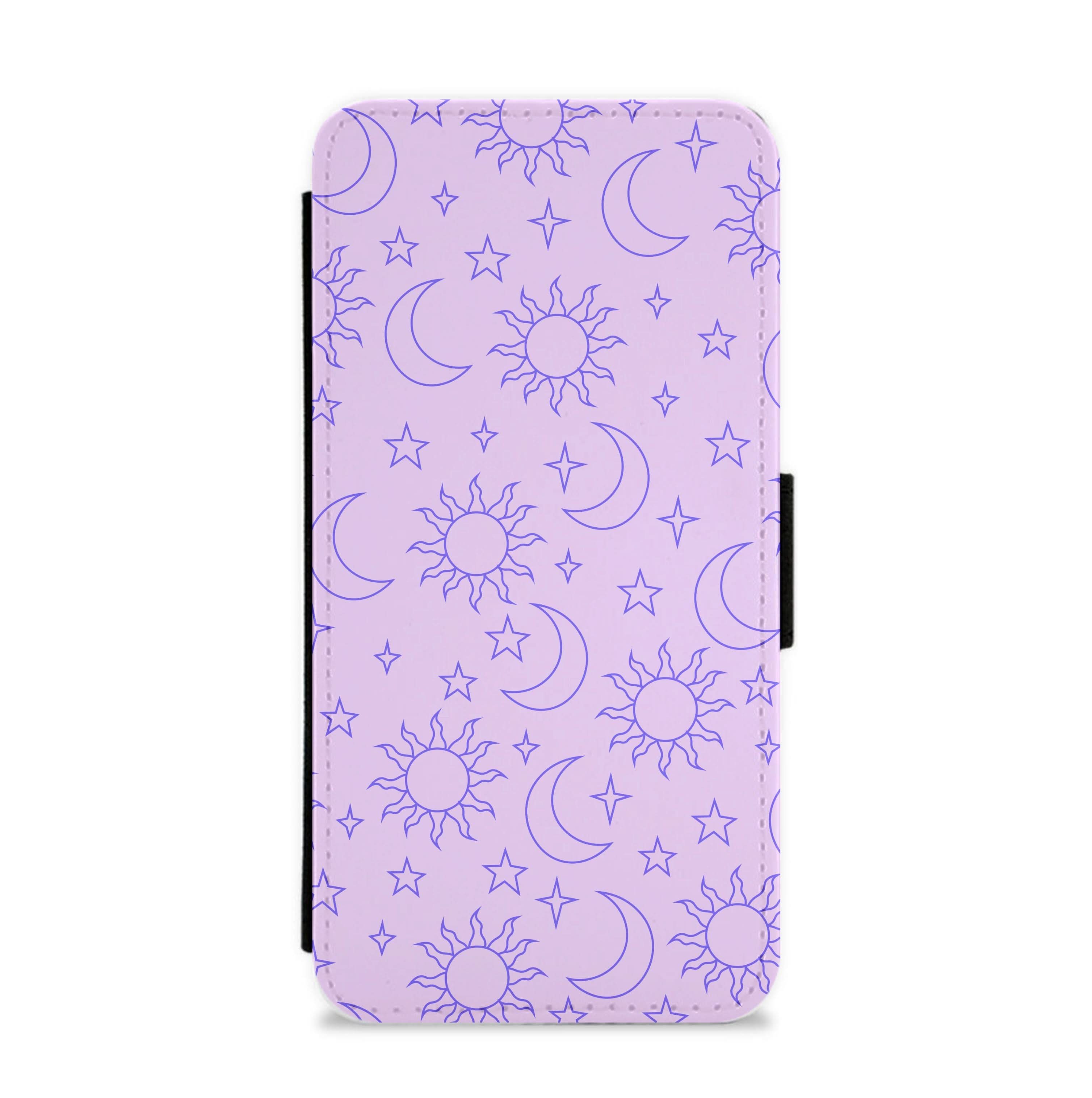 Sun, Moon And Stars Pattern Mauve Flip / Wallet Phone Case