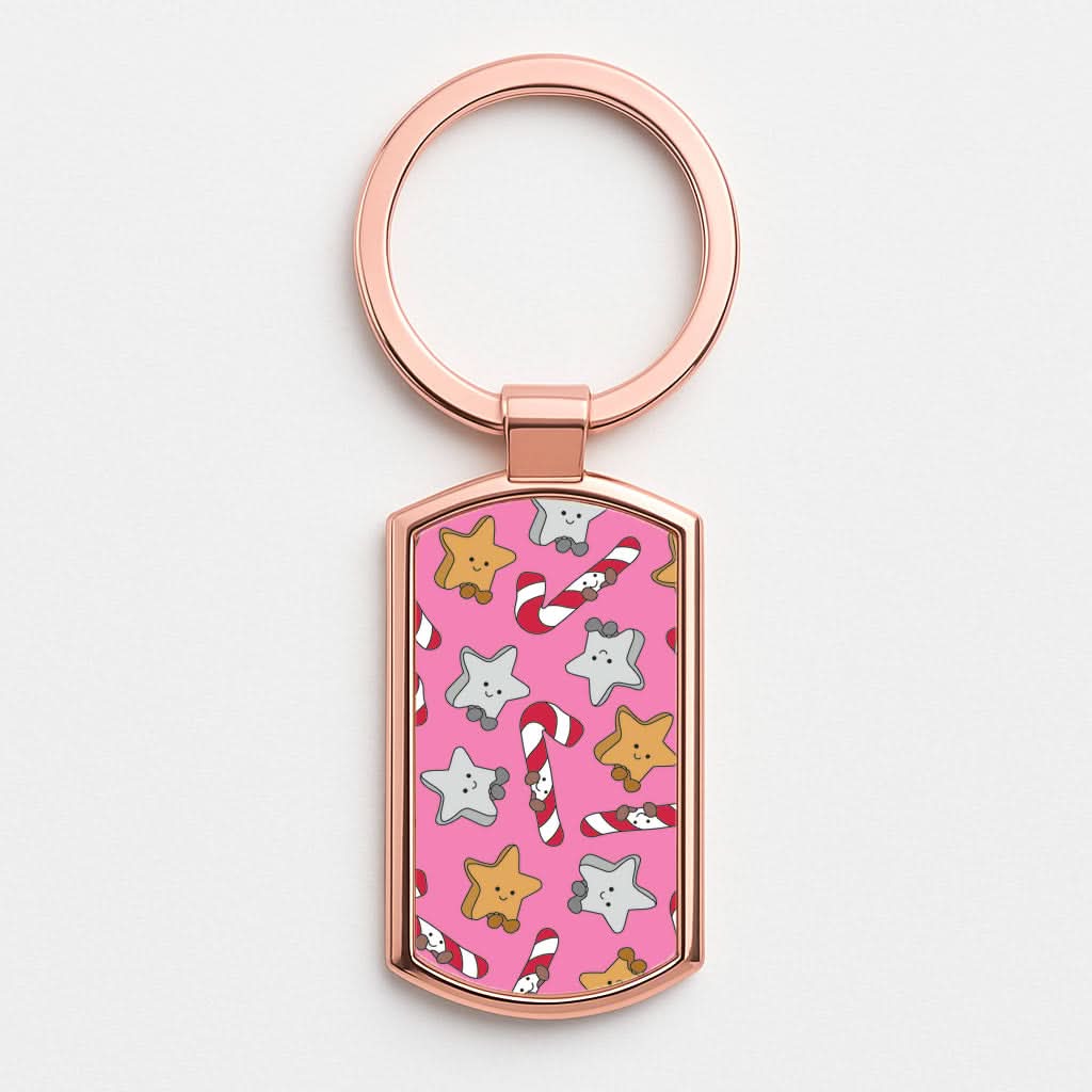 Pink Christmas Plushies Pattern Rose Gold Keyring