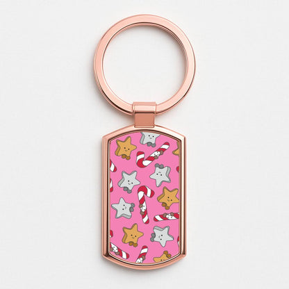 Pink Christmas Plushies Pattern Rose Gold Keyring