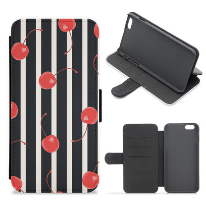 Black And White Stripes With Cherries Flip / Wallet Phone Case