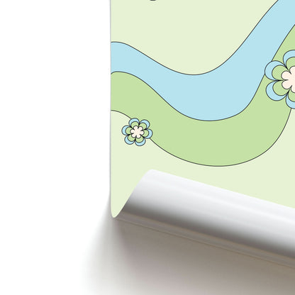 Waves And Flowers Green Retro Pattern Poster
