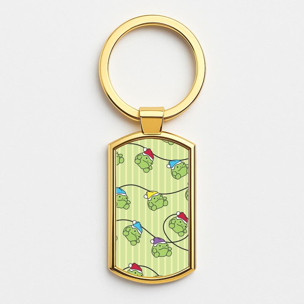 Christmas Frog Plush Fairylights Pattern Gold Keyring