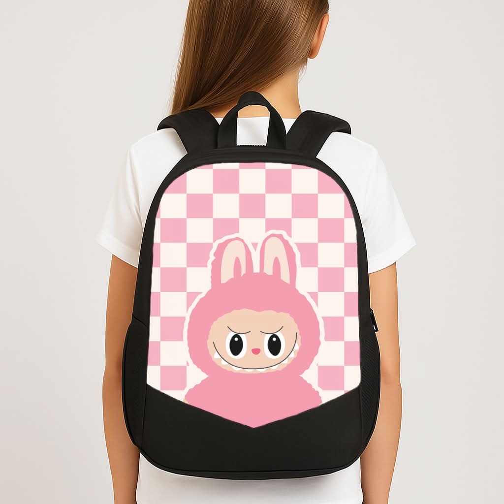 Checkered Cute Pink Monster  School Bag
