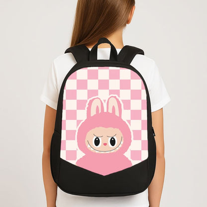 Checkered Cute Pink Monster  School Bag