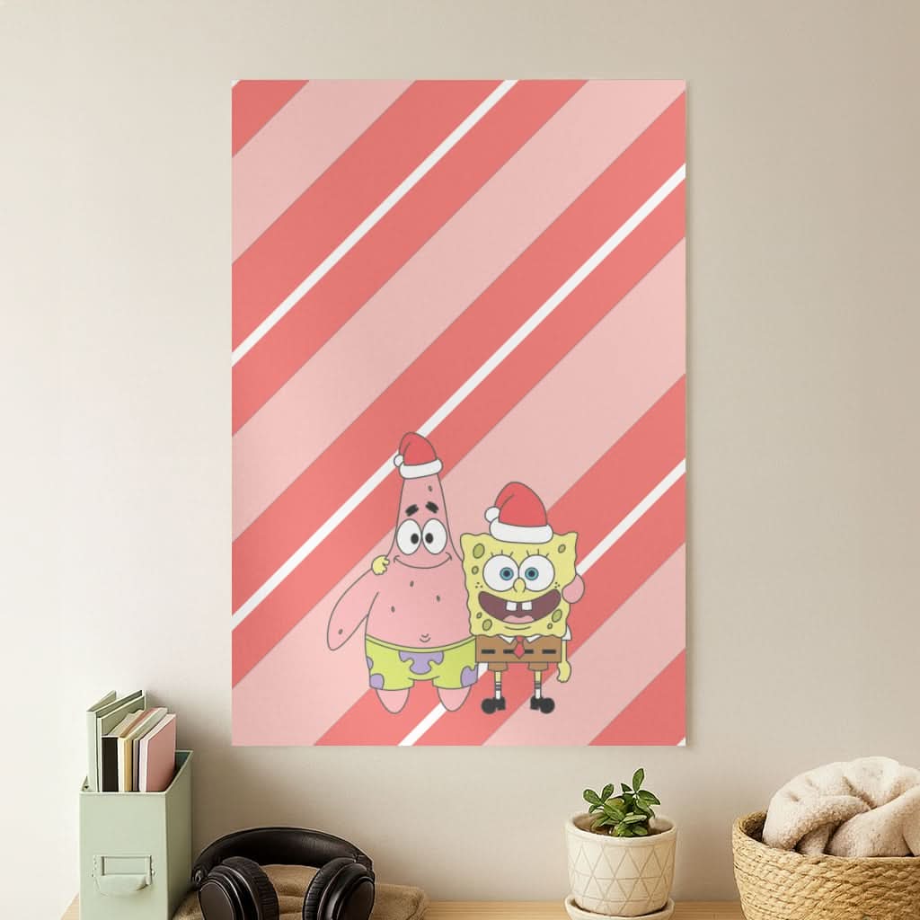 Cartoon Sponge And Starfish Christmas Hats Poster