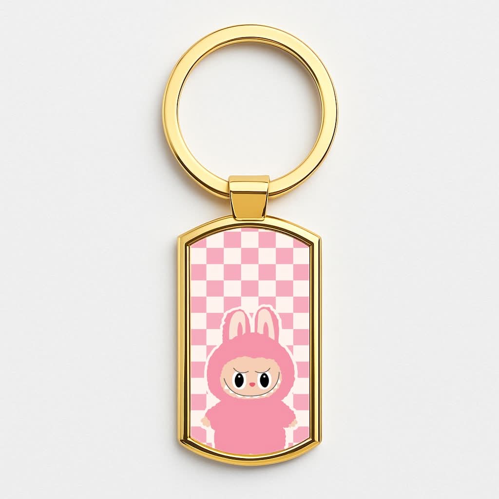 Checkered Cute Pink Monster  Gold Keyring