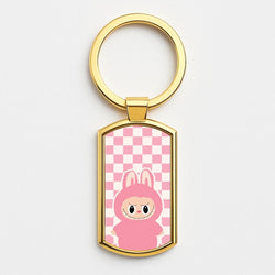 Checkered Cute Pink Monster  Gold Keyring