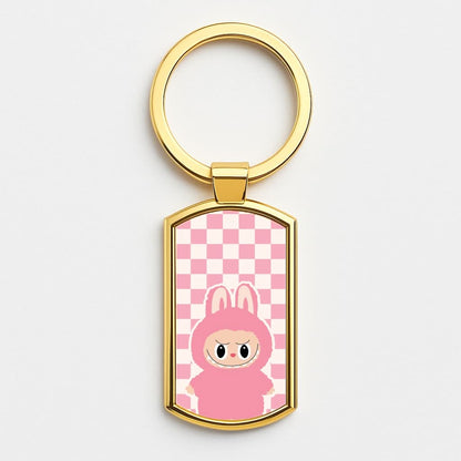 Checkered Cute Pink Monster  Gold Keyring