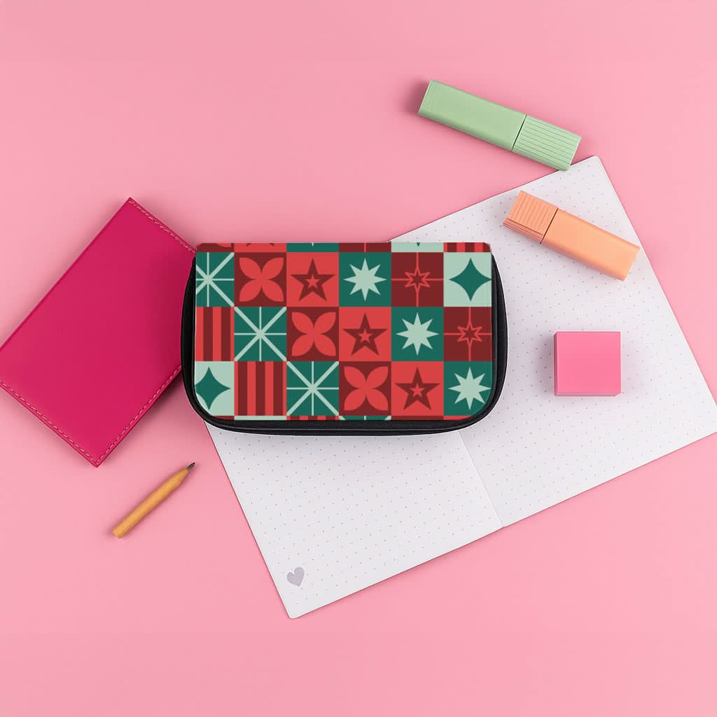 Geometric Square Christmas Pattern Pencil Case