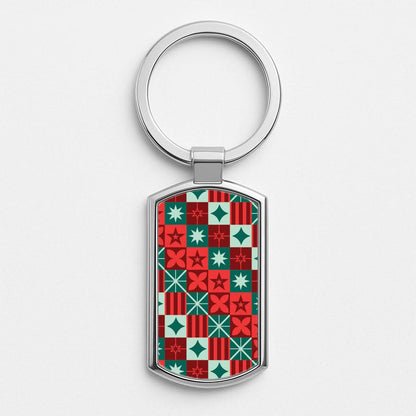 Geometric Square Christmas Pattern Silver Metal Keyring