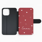 Red Hearts And Outlines Personalised Name Flip / Wallet Phone Case 2