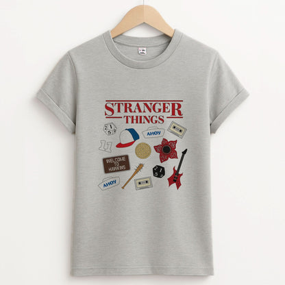 Stranger Things Cartoon Icons Unisex Grey T-Shirt