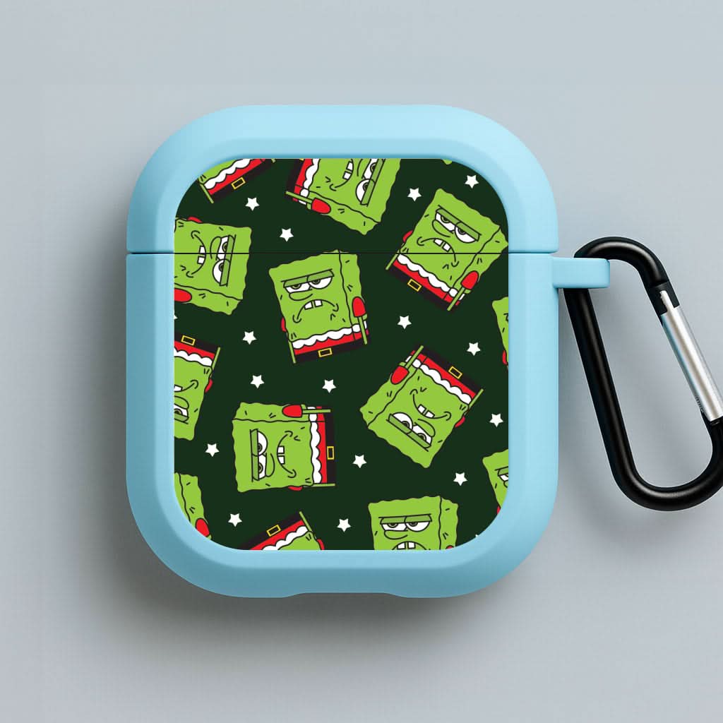 Grumpy Christmas Cartoon Sponge Pattern Blue AirPods Case