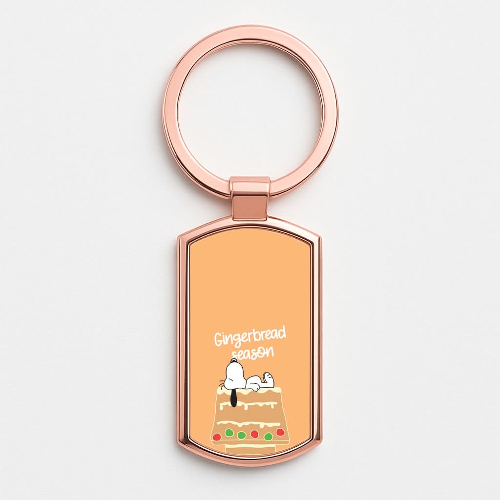 Cartoon Beagle Gingerbread House Rose Gold Keyring