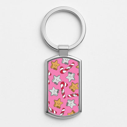 Pink Christmas Plushies Pattern Silver Metal Keyring
