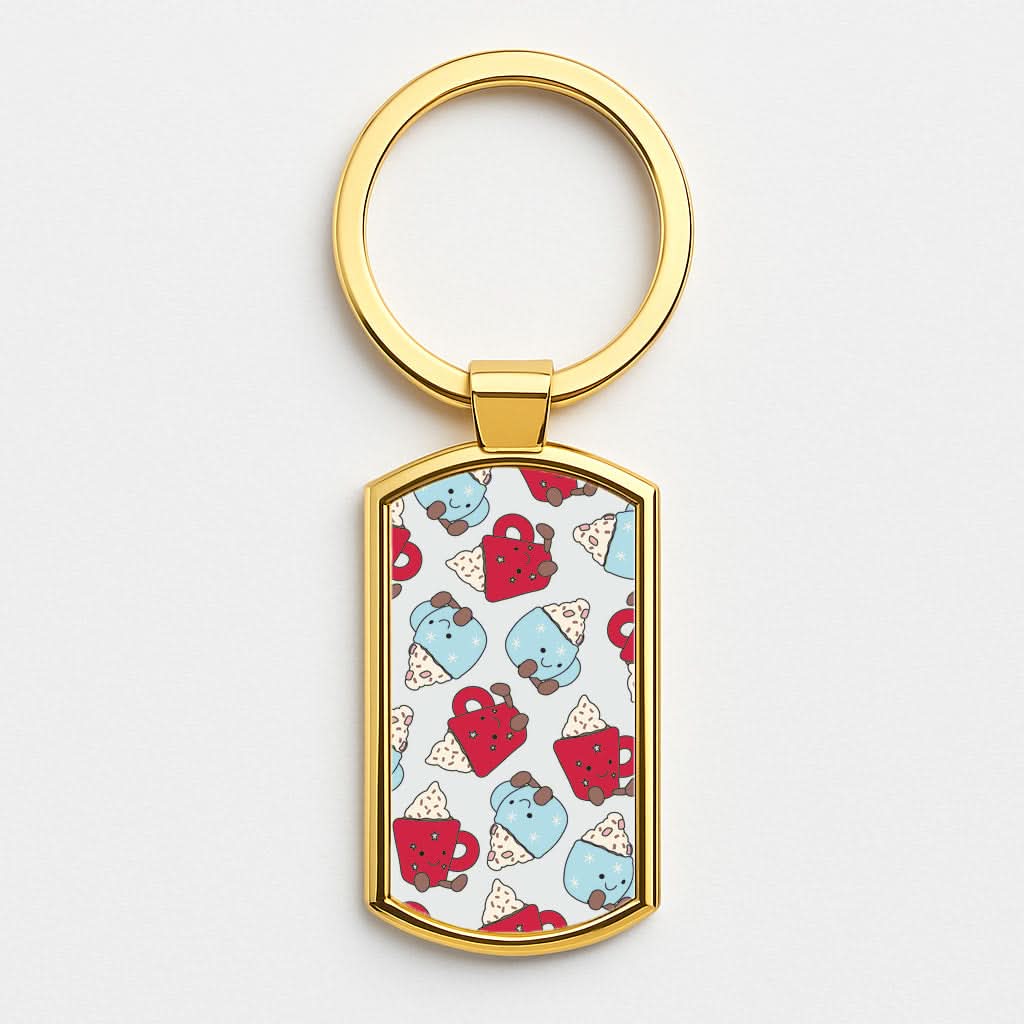 Christmas Drinks Plushies Pattern Gold Keyring