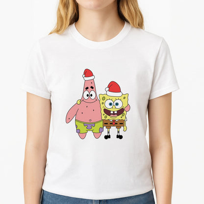 Cartoon Sponge And Starfish Christmas Hats Womens T-Shirt
